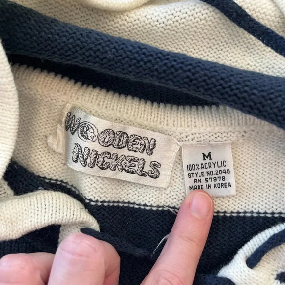 Womens Wooden Nickels Vintage Blue/White Stripe Hooded Sweater - M - Picture 5 of 5